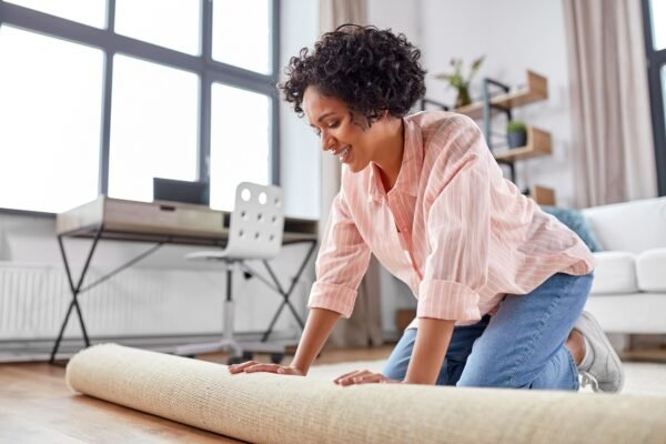 young woman wearing a jean and a shirt unfolding carpet at home as she is improving her home